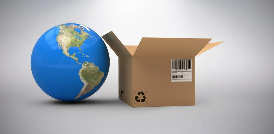 Composite image of 3d image of globe by cardboard box Stock Photos