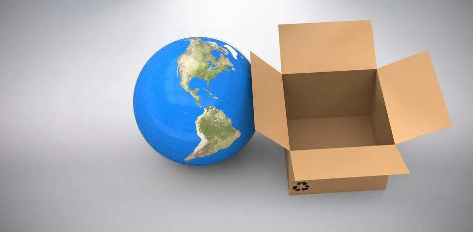 Composite image of 3d image of globe with empty cardboard box Foto stock