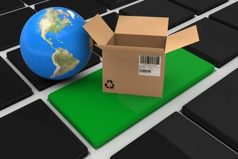 Composite image of 3d image of globe with open cardboard box Foto stock
