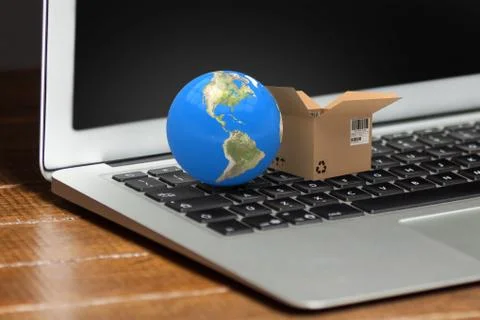 Composite image of 3d image of globe with open courier box Stock Photos