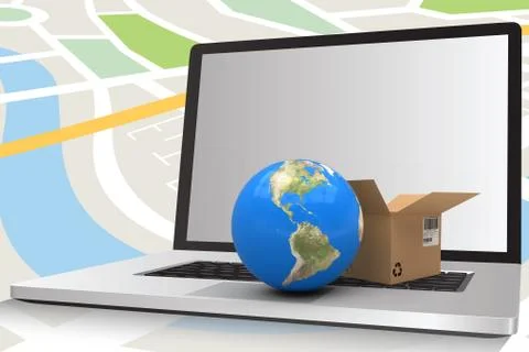 Composite image of 3d image of globe with brown courier box 写真素材