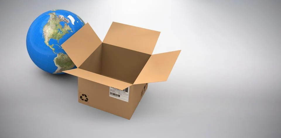 Composite image of 3d image of globe by empty cardboard box Foto stock