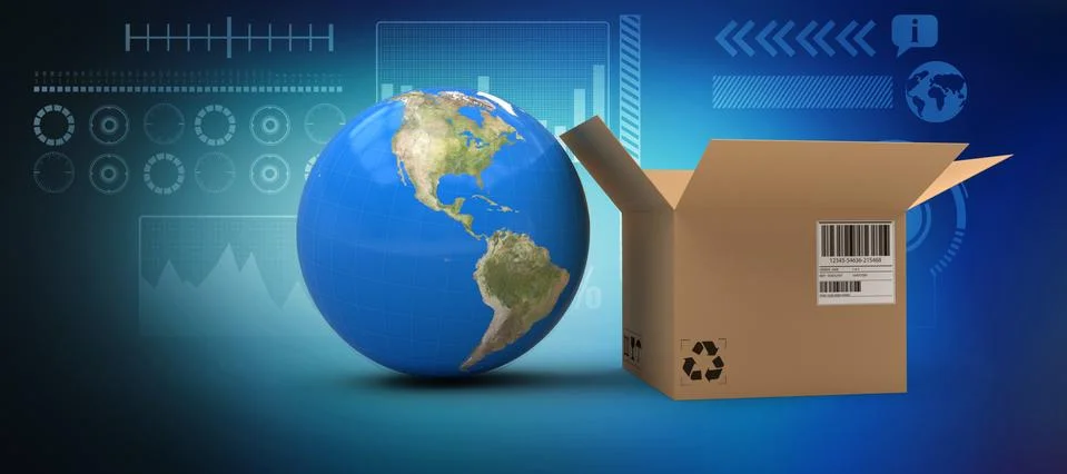 Composite image of 3d image of globe by cardboard box Foto stock