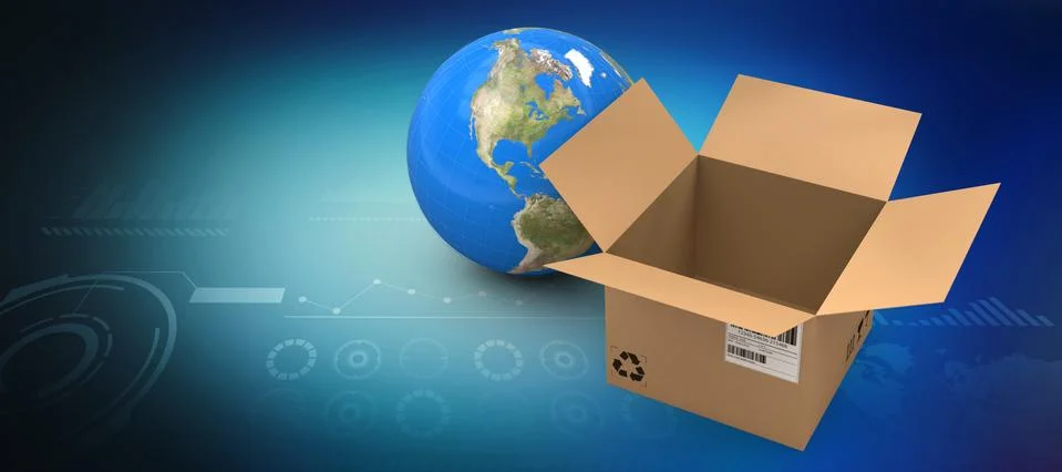 Composite image of 3d image of globe by empty cardboard box Stock Photos