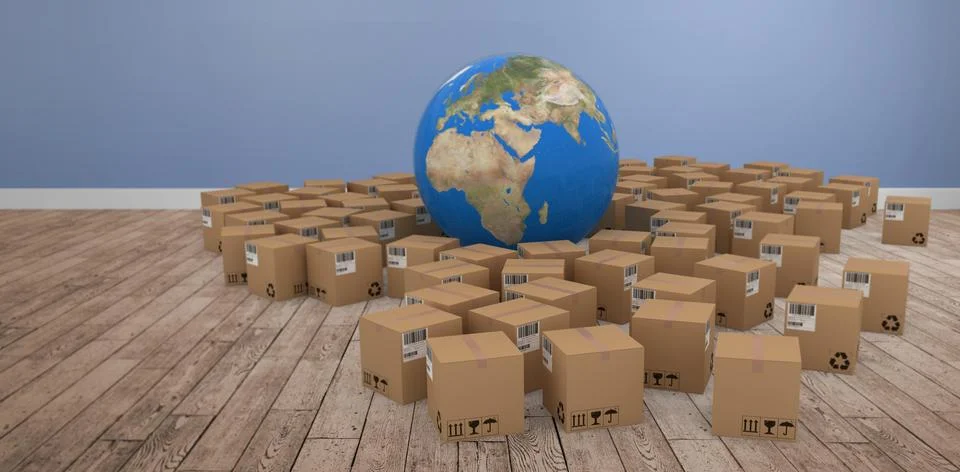 Composite image of 3d image of globe amidst cardboard boxes Stock Photos