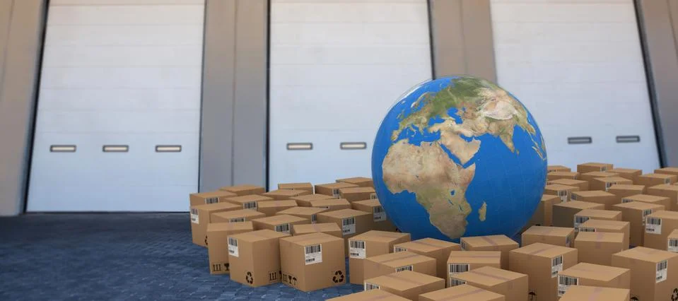 Composite image of 3d image of globe amidst cardboard boxes Stock Photos