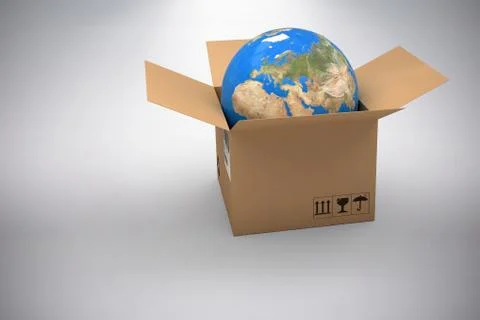 Composite image of 3d image of globe in brown cardboard box Stock Photos