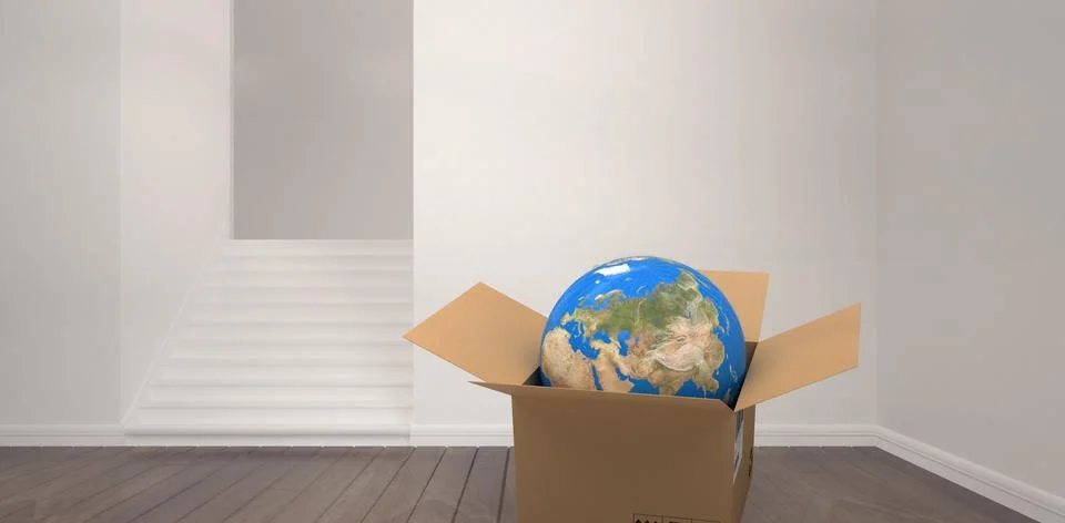 Composite image of 3d image of globe in cardboard box Foto stock