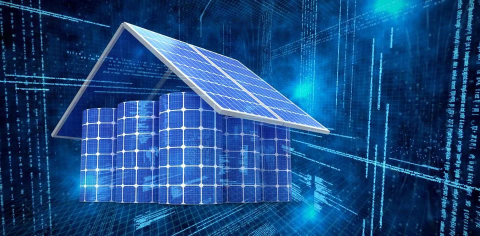 Composite image of 3d image of house made from solar panels and cells Stock Illustration