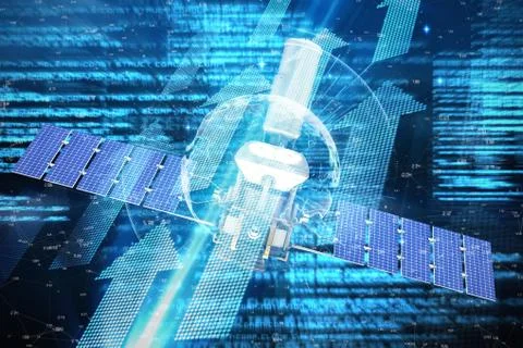 Composite image of 3d image of modern power solar satellite Ilustração Stock