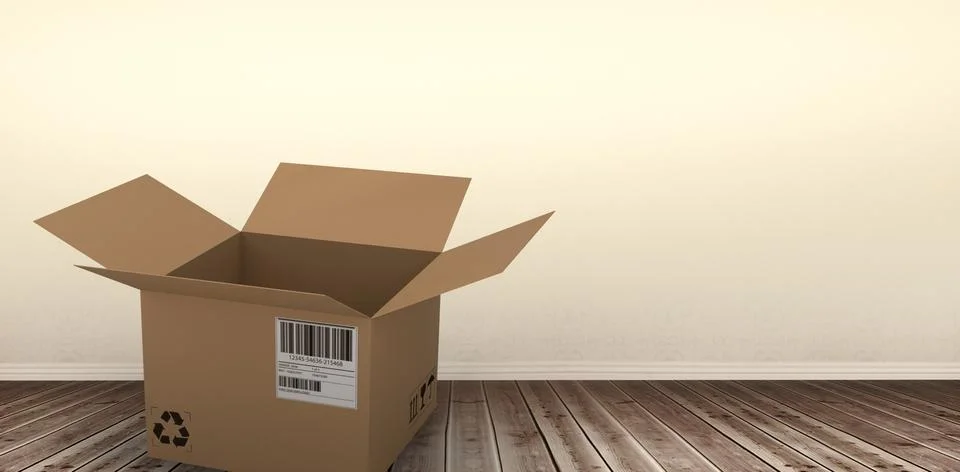 Composite image of 3d image of open courier cardboard box Foto stock