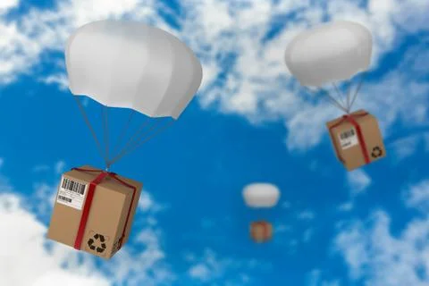 Composite image of 3d image of parachute carrying cardboard box Foto stock