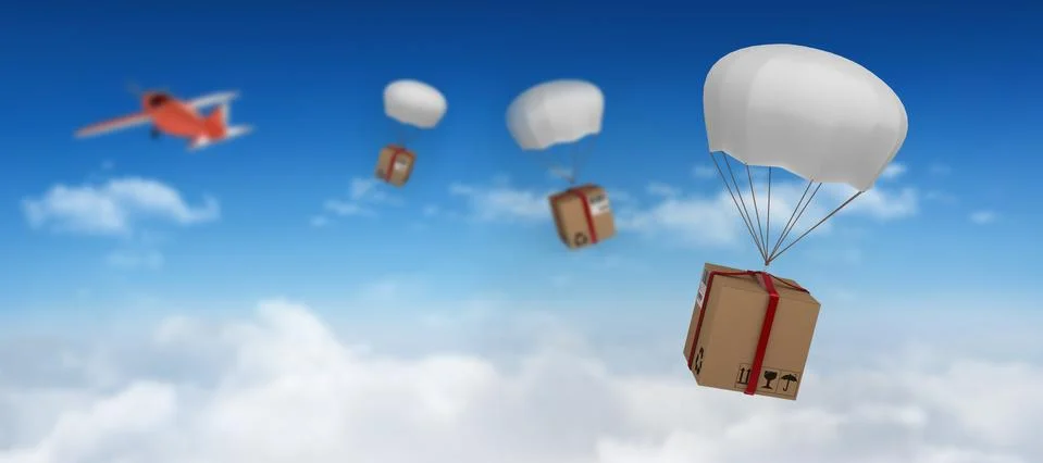 Composite image of 3d image of parachute carrying cardboard box Foto stock