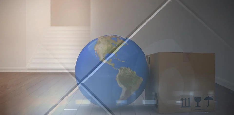 Composite image of 3d image of planet earth by cardboard box Foto stock