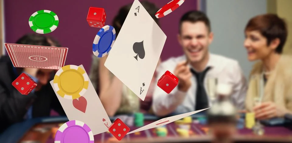 Composite image of 3d image of playing cards with casino tokens and dice Stock Photos