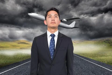 Composite image of 3d plane taking off over street Ilustração Stock