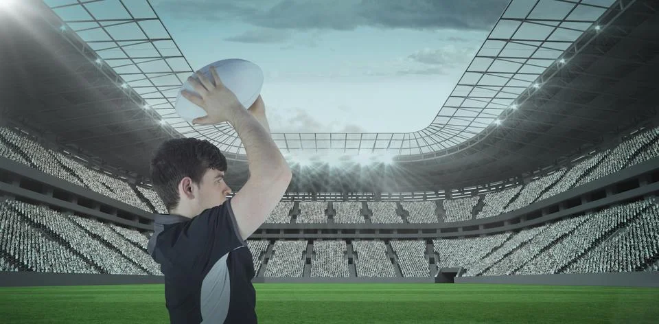 Composite image 3D of profile view of rugby player throwing a ball Stock Photos