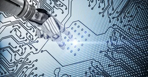 Composite image of 3D silver robot arm pointing at something 스톡 일러스트