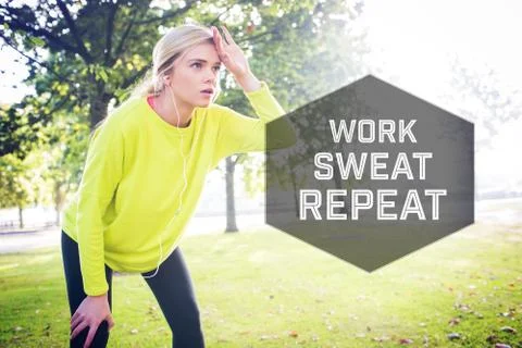 Composite image of active exhausted blonde pausing after running Stock Photos