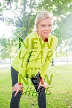 Composite image of active smiling blonde pausing after a run Stock Photos