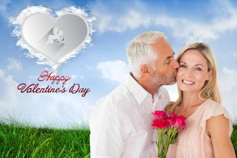 Composite image of affectionate man kissing his wife on the cheek with roses Stock Illustration