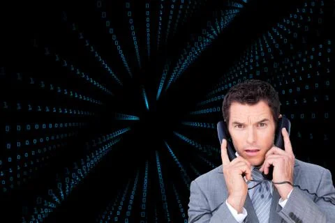 Composite image of angry businessman tangle up in phone wires 스톡 일러스트