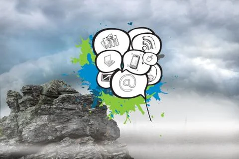 Composite image of apps in speech bubbles on paint splashes Stock Illustration