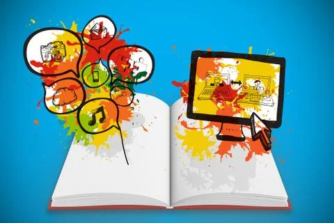 Composite image of apps in speech bubbles on paint splashes on open book Stock Illustration