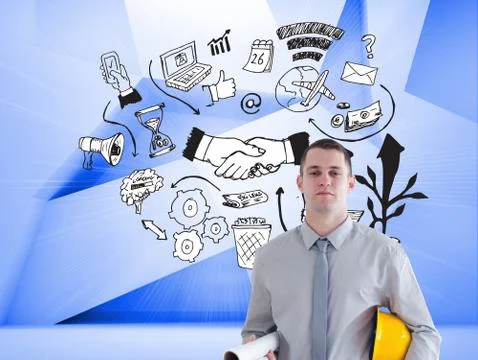 Composite image of architect carrying construction plans and helm 스톡 일러스트