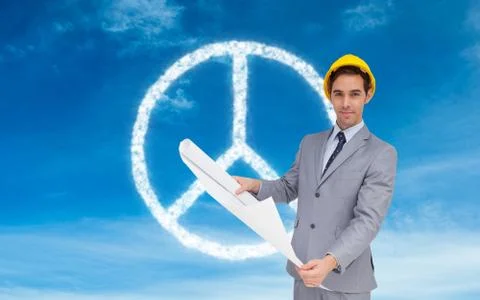 Composite image of architect with hard hat holding plans Ilustración de archivo