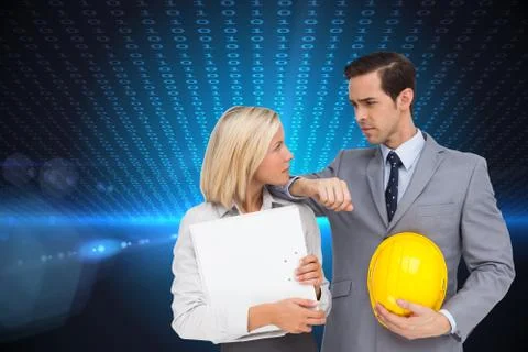 Composite image of architects with plans and hard hat looking at each other イラスト素材