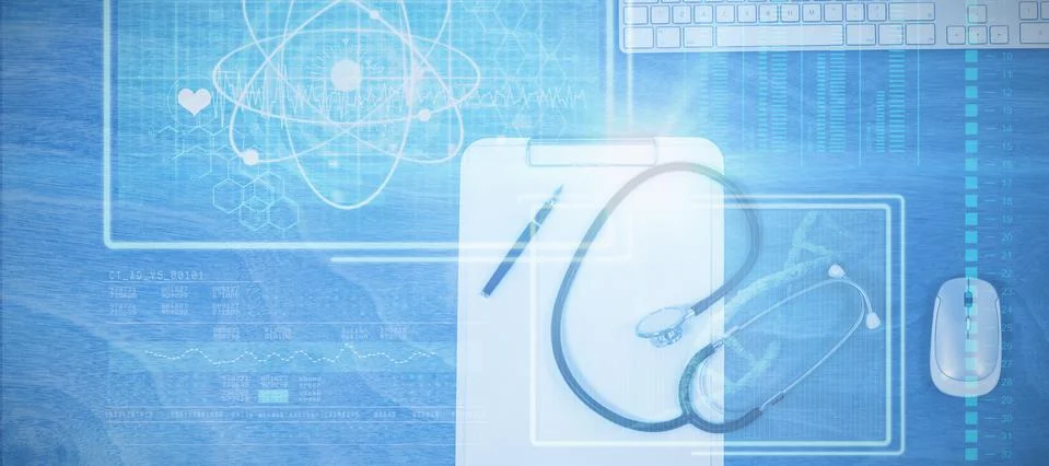 Composite image of atom and dna helix interface Stock Photos