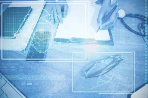 Composite image of atom and dna helix interface Stock Photos