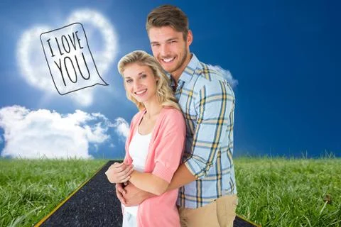 Composite image of attractive couple embracing and smiling at camera Ilustração Stock