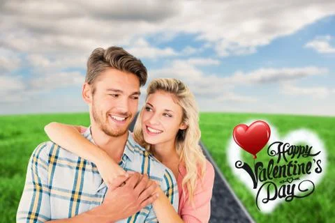 Composite image of attractive couple embracing and smiling Ilustração Stock
