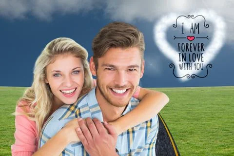 Composite image of attractive couple embracing and smiling at camera Ilustração Stock