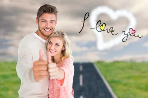 Composite image of attractive couple showing thumbs up to camera Ilustração Stock