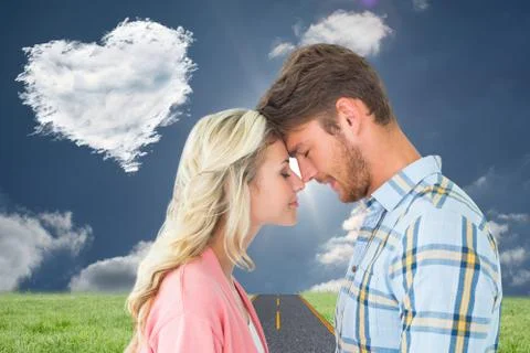 Composite image of attractive couple standing touching heads Ilustração Stock