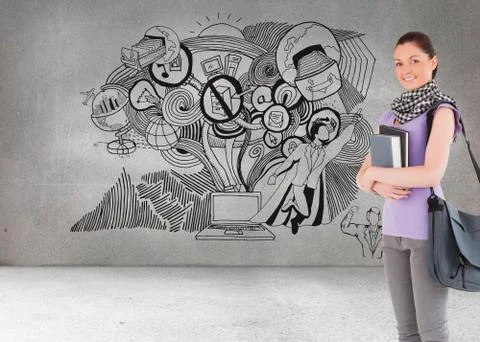 Composite image of attractive student holding books and her bag while standing Ilustración de archivo