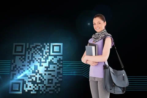 Composite image of attractive student holding books and her bag while standing Stock Illustration