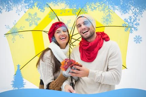 Composite image of attractive young couple in warm clothes holding umbrella and Illustrazione stock