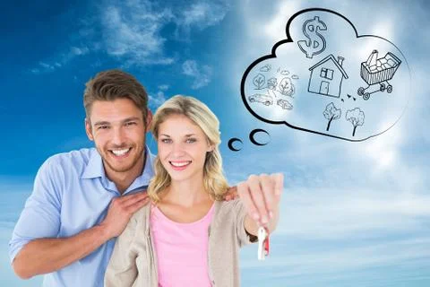 Composite image of attractive young couple showing new house key Stock Illustration