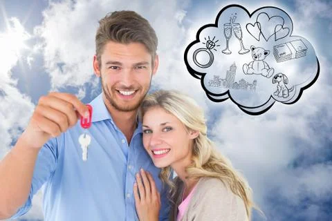 Composite image of attractive young couple showing new house key Stock Illustration