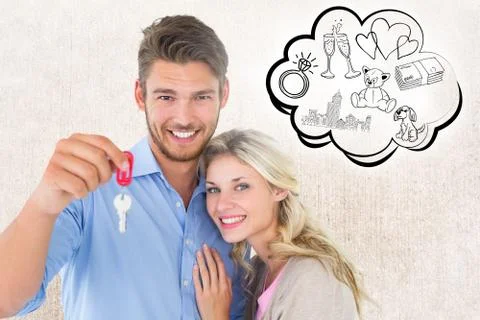 Composite image of attractive young couple showing new house key Stock Illustration
