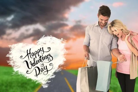 Composite image of attractive young couple holding shopping bags Ilustração Stock