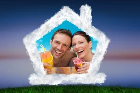Composite image of beautiful couple drinking cocktails in the swimming pool Stock Illustration