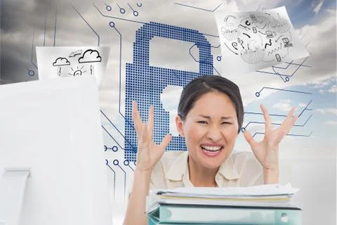 Composite image of big padlock with circuit board and drawings floating around Stockfoto's