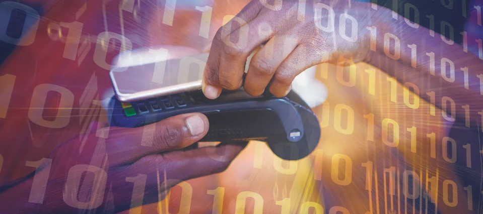 Composite image of binary code on blue circuit board Foto stock