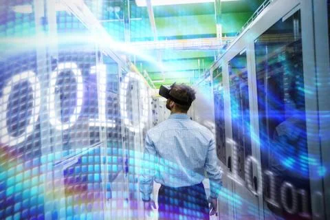 Composite image of binary code on digital screen 스톡 사진