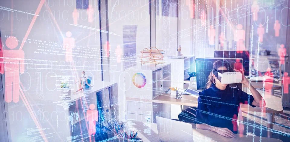 Composite image of binary codes and people icons 写真素材